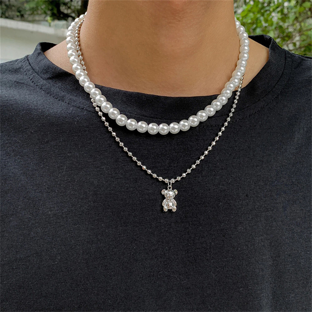 Hip Hop Double Layer Pearl Necklace for Men, Pearl Chain For Men with Bear