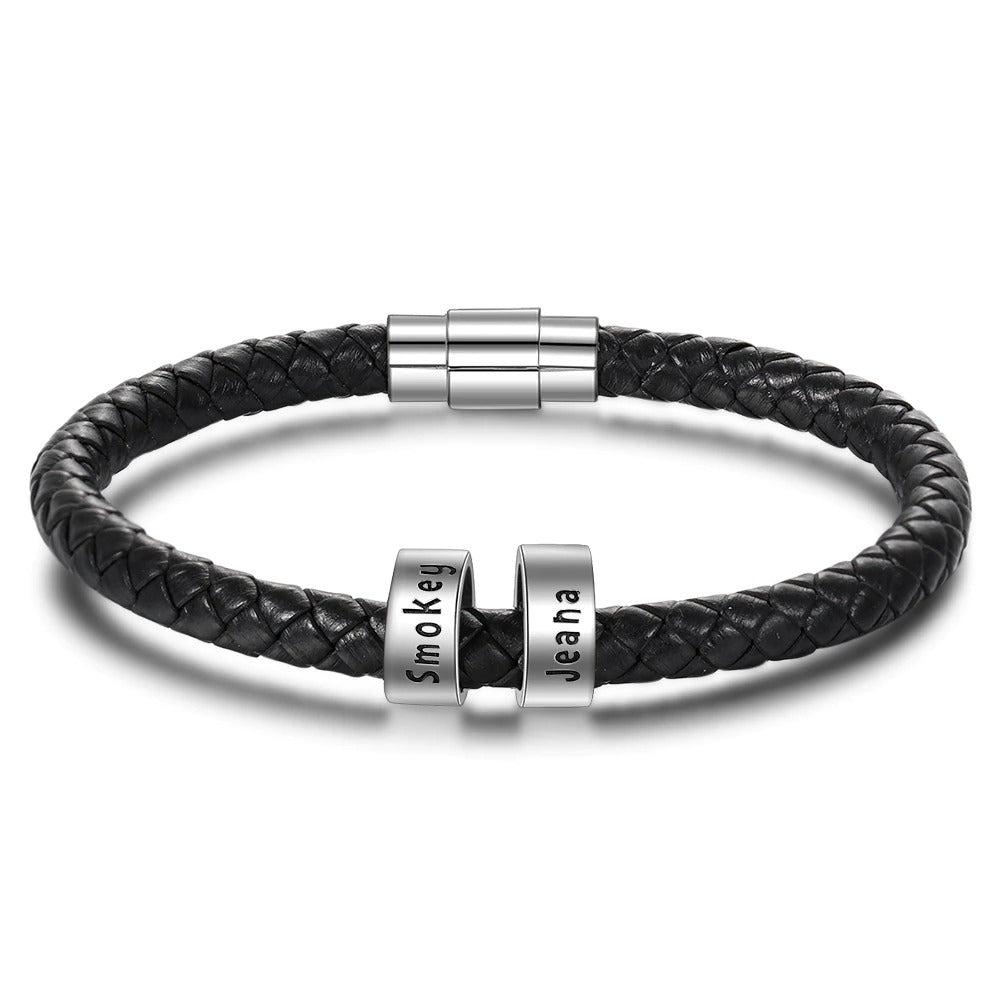 Personalized Men Leather Bracelet with  Customized Family Names Black Rope Magentic Buckle Bracelets