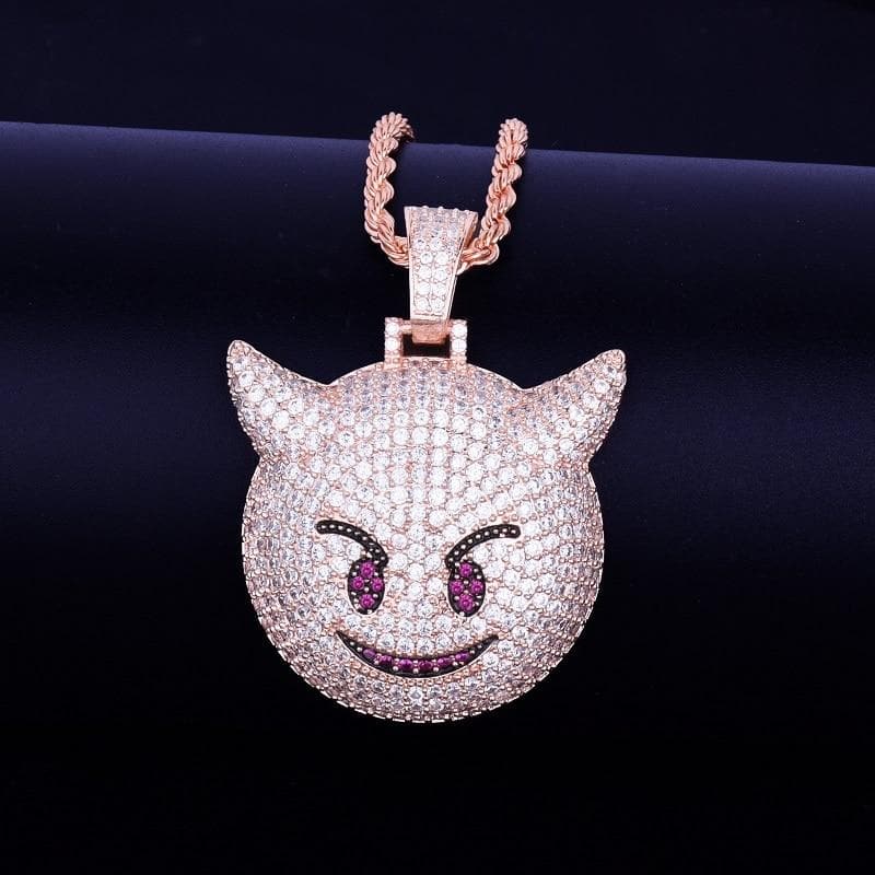 Demon Evil Expression Necklace & Pendant With Tennis Chain Gold Color Bling Zircon Fashion Hip hop Rock Street Jewelry