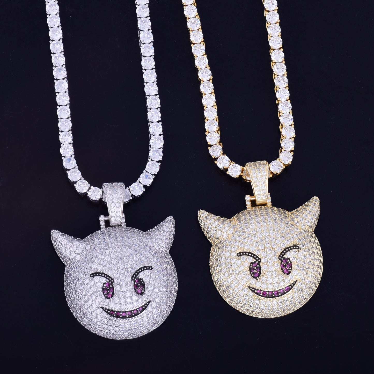 Demon Evil Expression Necklace & Pendant With Tennis Chain Gold Color Bling Zircon Fashion Hip hop Rock Street Jewelry