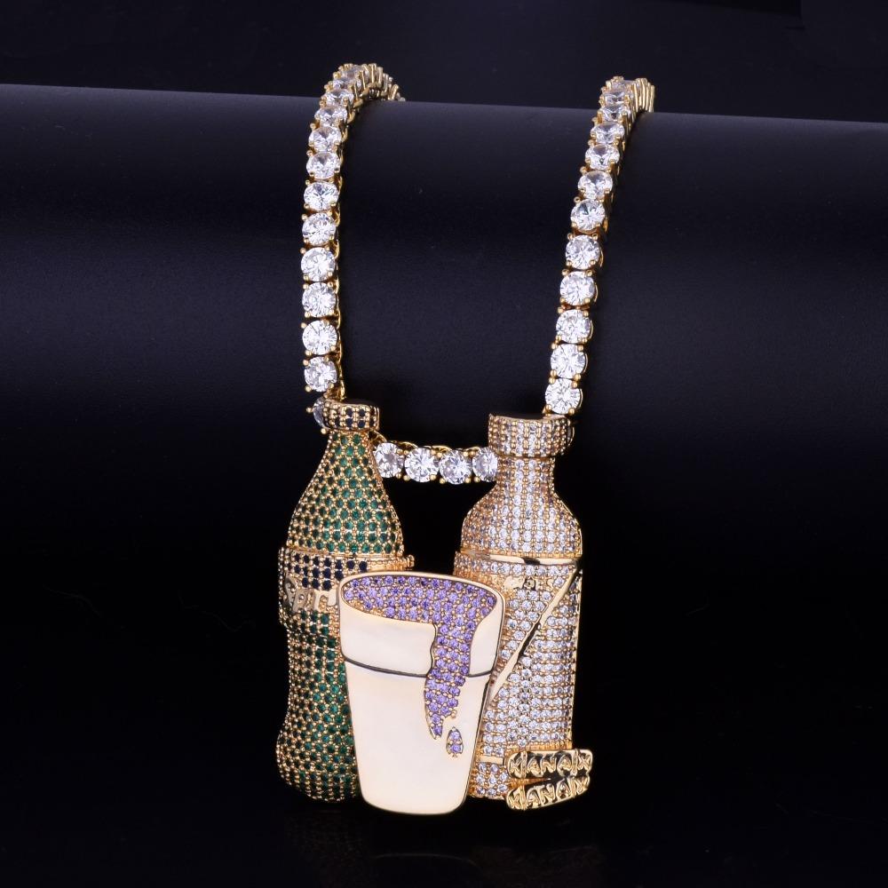 Double Sprite Bottle Purple Color Cup Hip Hop Pendant Necklace Gold Color Cubic Zircon Men's Jewelry
