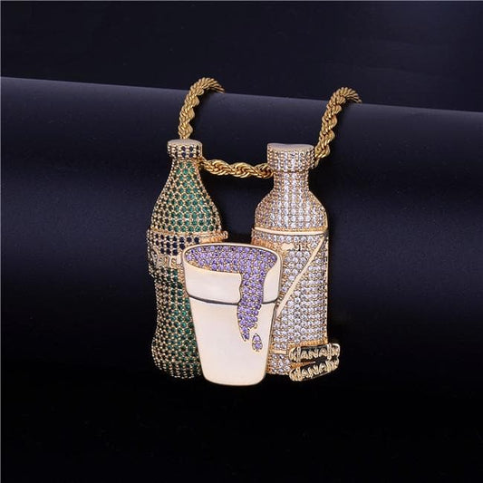 Double Sprite Bottle Purple Color Cup Hip Hop Pendant Necklace Gold Color Cubic Zircon Men's Jewelry