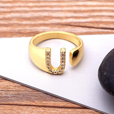 Fashion Chunky Wide Hollow A-Z Letter Gold Color Adjustable Opening Ring Initials Name Alphabet Female Party Wedding Jewelry