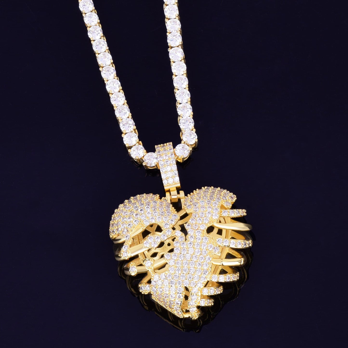Gold Color Broken Skeleton Heart Pendant Necklace With Tennis Chain AAA Cubic Zircon Men's Hip hop Rock Jewelry