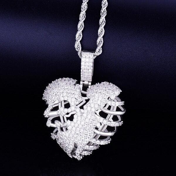 Gold Color Broken Skeleton Heart Pendant Necklace With Tennis Chain AAA Cubic Zircon Men's Hip hop Rock Jewelry