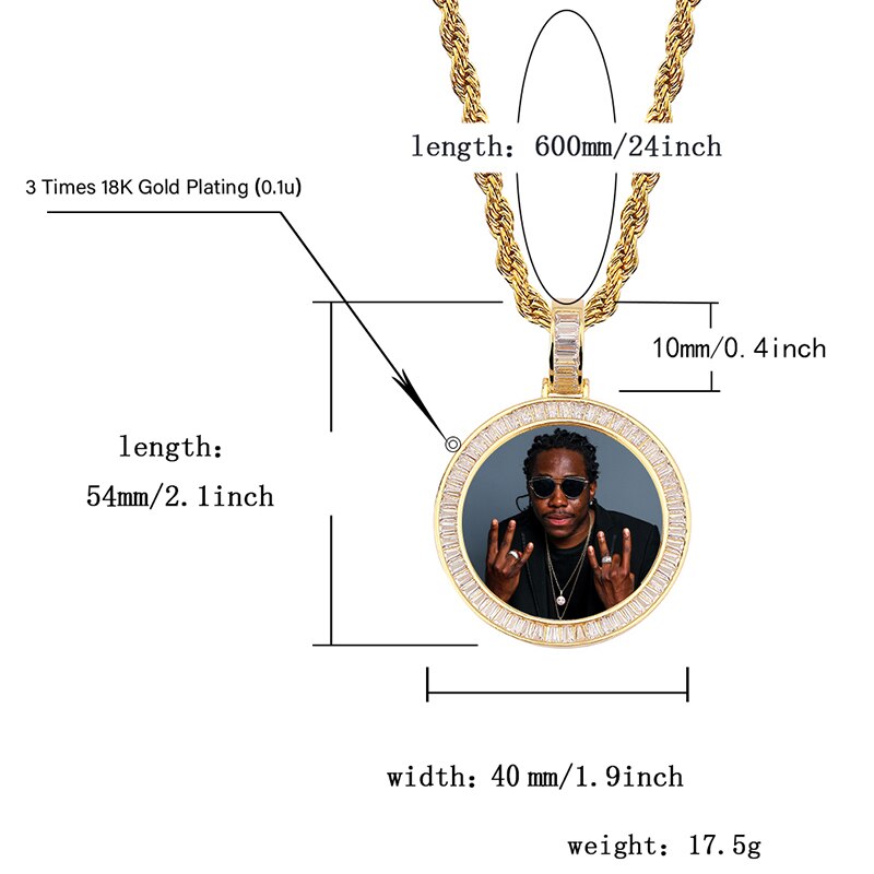 Custom Made Photo Medallions Necklace &amp; Pendant With 4mm Tennis Chain Gold Silver Cubic Zircon Men