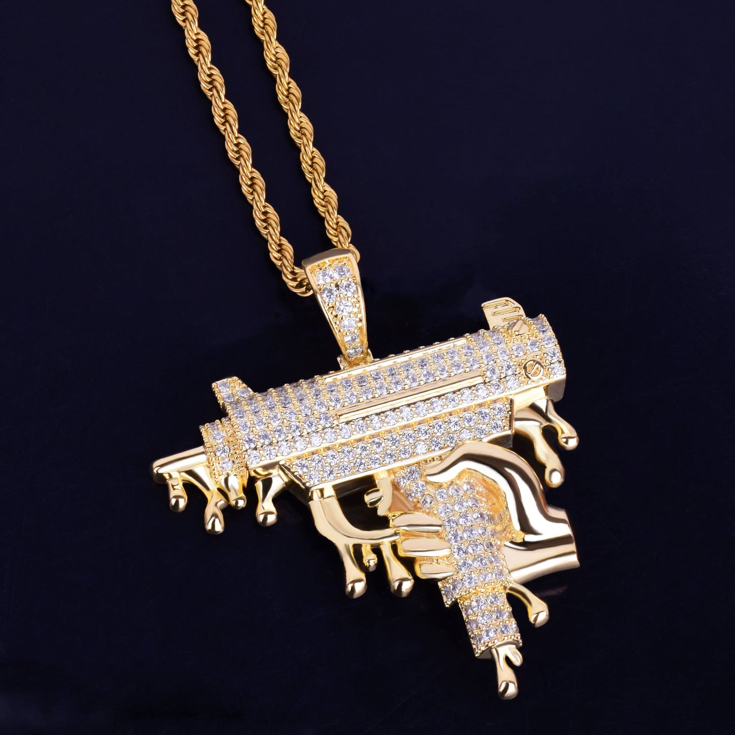 Hand Holding Dripping Gun Shape Pendant Necklace Gold Color Iced Out Cubic Zirconia Men's Hip hop Rock Jewelry