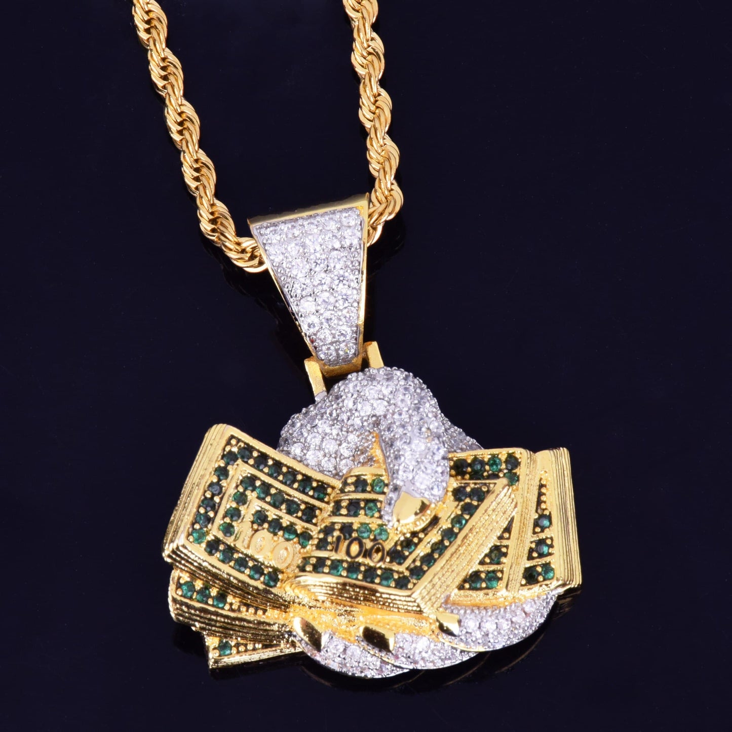 Hand with Money Dollar Gold Color Necklace & Pendant Tennis Chain Gold Color AAA Cubic Zirconia Hip hop Rock Jewelry