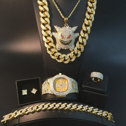 Hip Hop Cuban Necklace Men Watch & Necklace & Braclete & Ring & Earring Combo Set Ice Out Cuban Crystal Miami Hip Hop For Men
