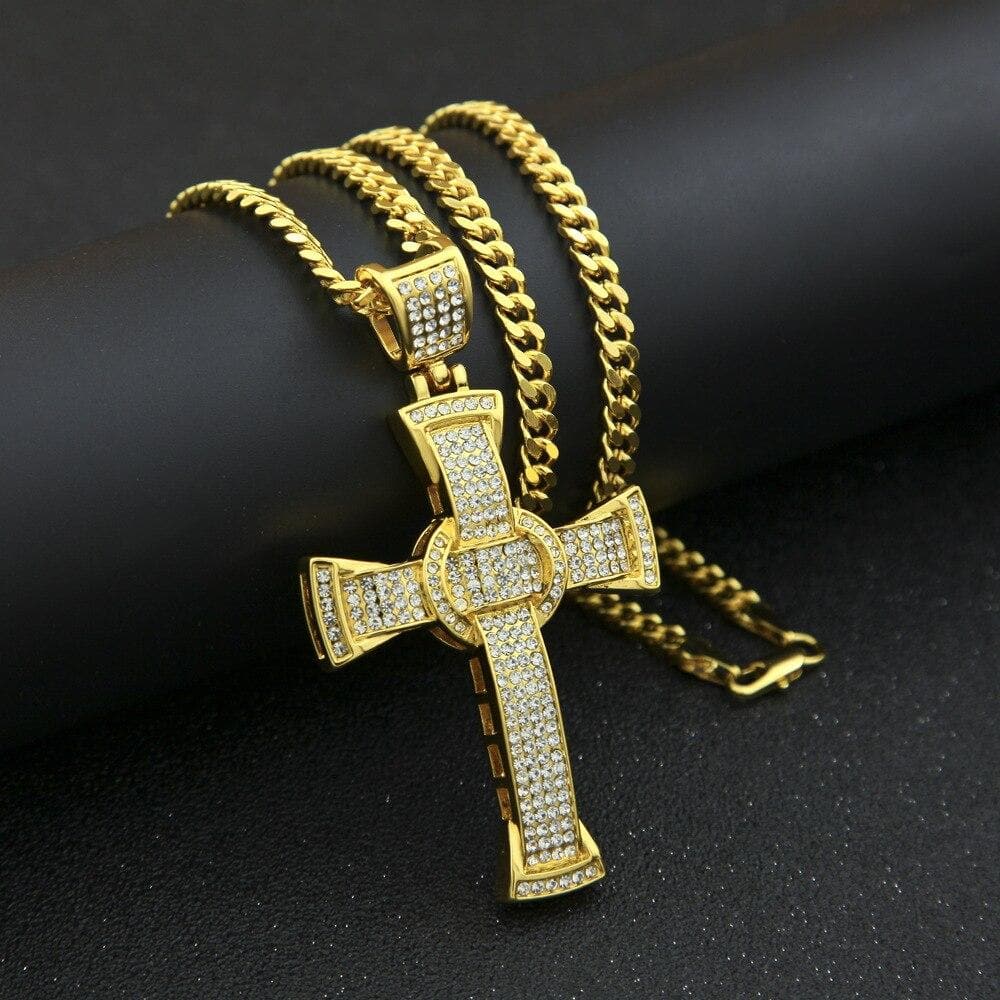 Hip Hop Men Crystal Necklace Gold Silver Color Cross Necklace Stainless Steel Ice Out Cuban Necklace Pendant Hip Hop For Men