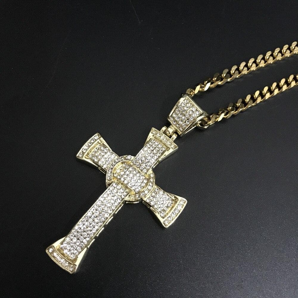 Hip Hop Men Crystal Necklace Gold Silver Color Cross Necklace Stainless Steel Ice Out Cuban Necklace Pendant Hip Hop For Men