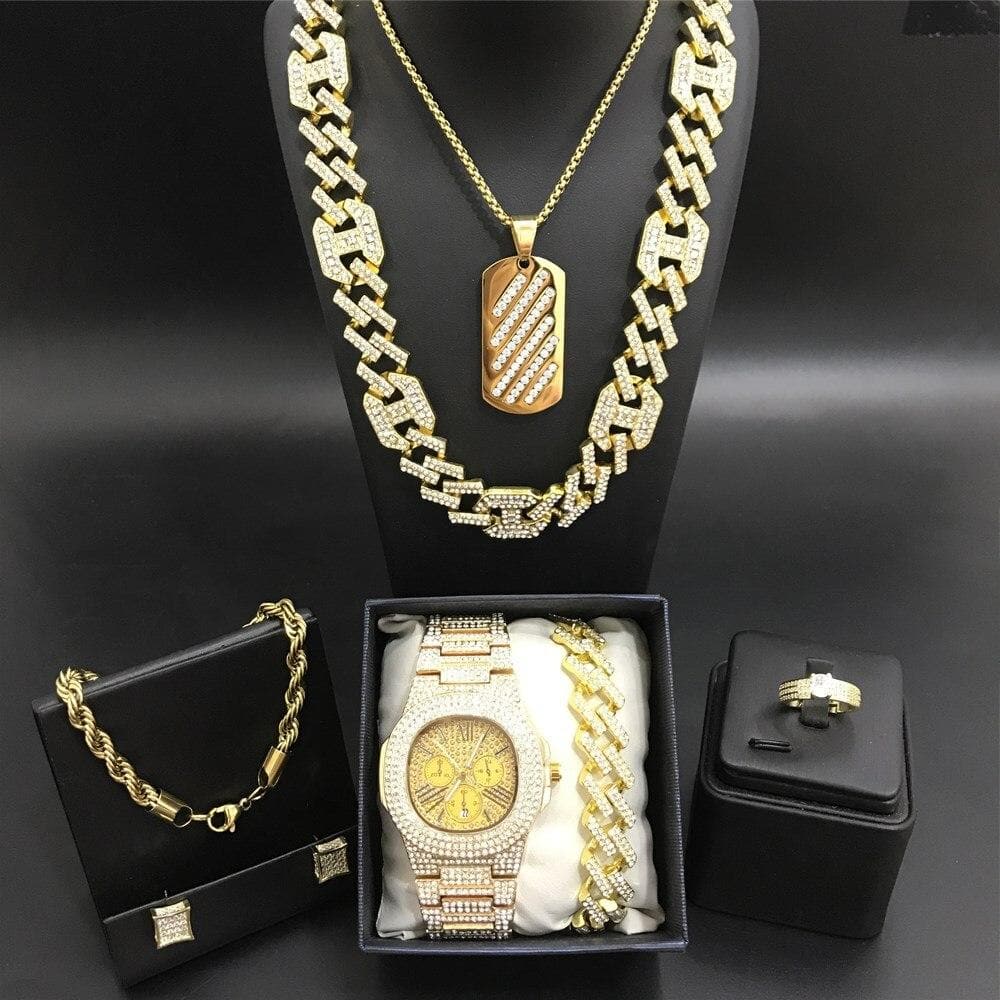 Hip Hop Men Gold Color Neckalce Chain Luxury Men Gold Color Watch & Neckalce & Braclete & Ring & Earrings Ice Out Cuban For Men