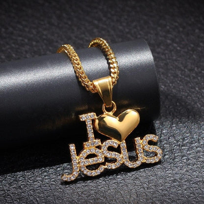 Hip Hop Men Stainless Steel Necklace Pendant I love Jesus Letter Pendant ILoveJesus Color Stainless Steel Rhinestone Jewelry