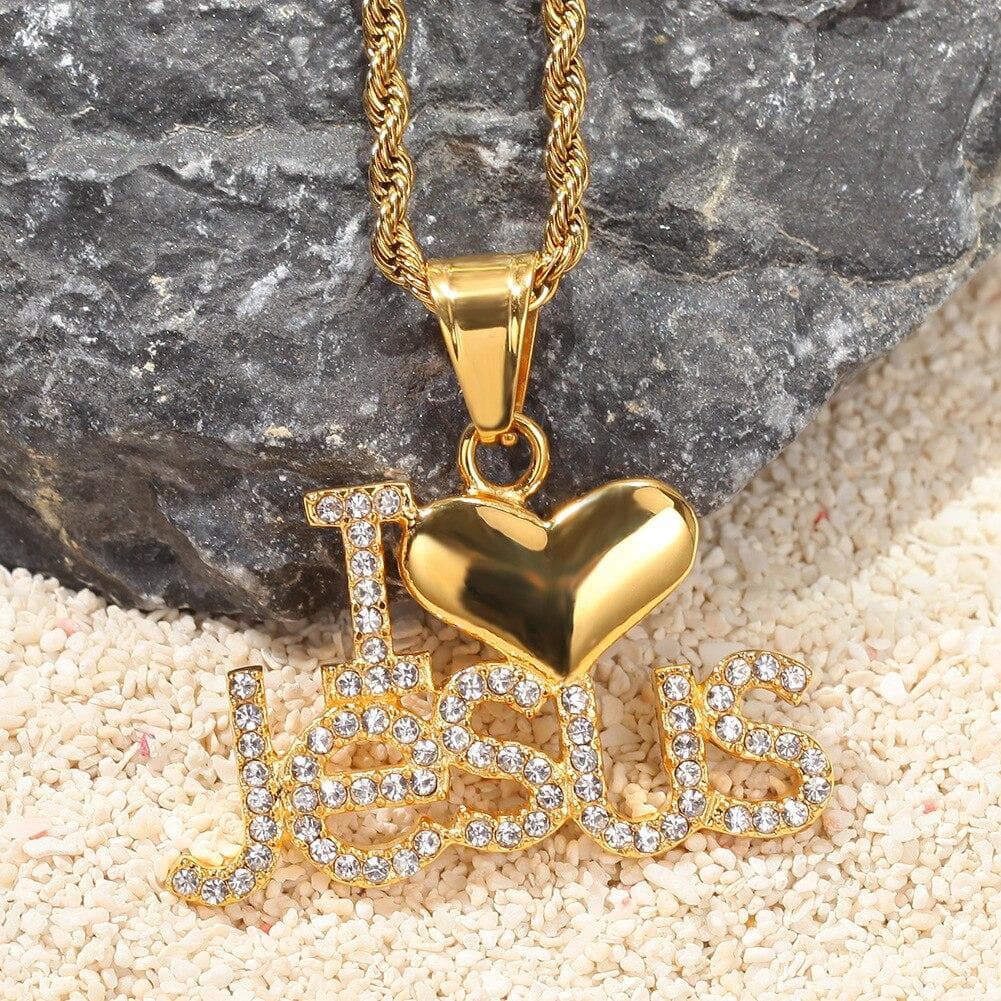 Hip Hop Men Stainless Steel Necklace Pendant I love Jesus Letter Pendant ILoveJesus Color Stainless Steel Rhinestone Jewelry