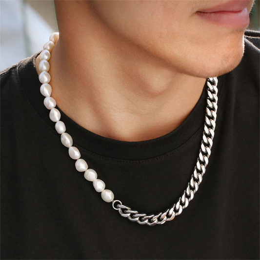Hip Hop Cuban Chain Stitching Pearl Necklace for Men, Pearl Chain For Men