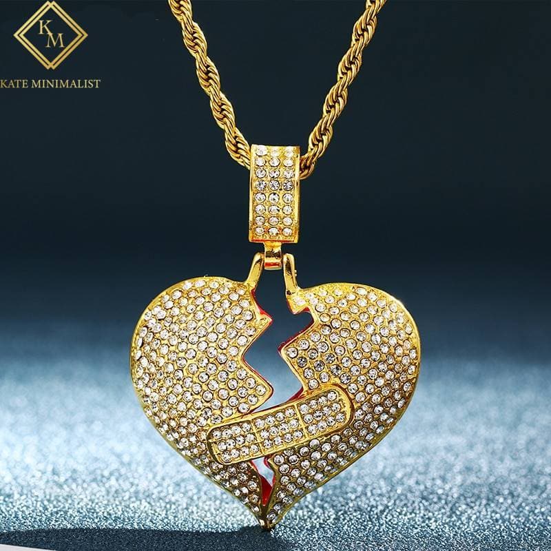 Bling Iced Out Broken Heart Pendant Necklace For Women Men's Hip Hop Jewelry Cubic Zirconia Gold Heart Pendant Chain