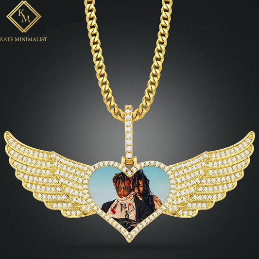 Personalized Angel Wing Custom Made Photo Heart Pendant Iced Out Cubic Zirconia Pendant For Women Men Hip Hop Jewelry