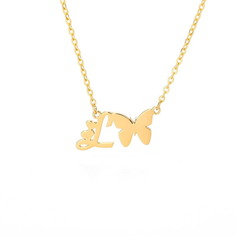 Cute Butterfly Initial Necklaces For Women , Custom Initial Necklace, Alphabet Letter Pendants Necklaces