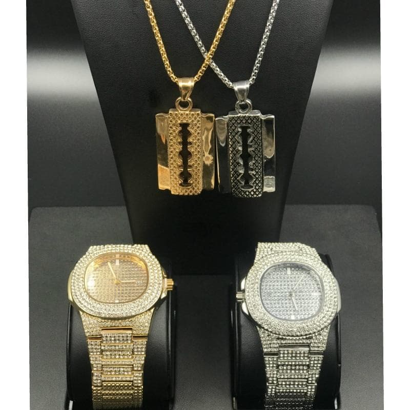 Luxury Men Gold Color Watch Hip Hop Men stylish Necklace Ice Out Cuban Watch Jewelry Pendant & Rope Chain Hip Hop For Men