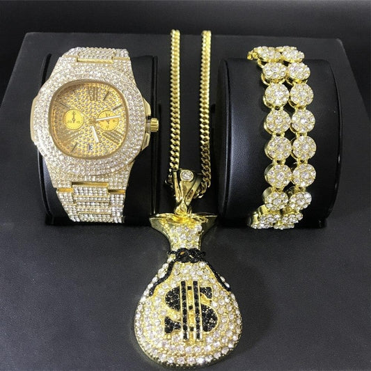 Luxury Men Gold Color Watch Men Watch & Necklace & Braclete Combo Set Ice Out Cuban Watch Crystal Miami Jewerly Hip Hop For Men