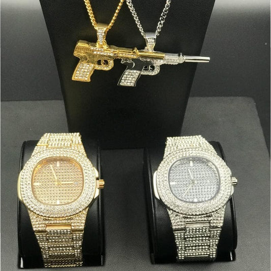 Luxury Men Gold Color Watch Men Watch & Necklace Combo Set Ice Out Cuban Chain AK47 Pendant w/ 24" Box Necklace Chain For Men