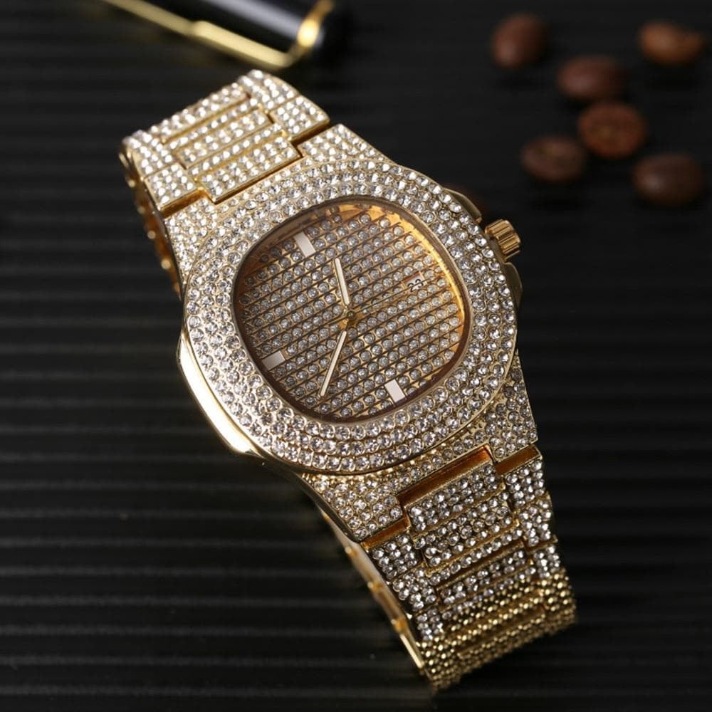 Luxury Men Gold Color Watch & Neckalce & Braclete Combo Set Ice Out Cuban Jewerly Crystal Miami Neckalce Chain Hip Hop For Men