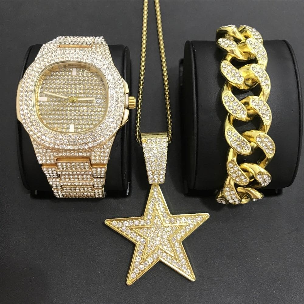 Luxury Men Gold Color Watch & Neckalce & Braclete Combo Set Ice Out Cuban Jewerly Crystal Miami Neckalce Chain Hip Hop For Men