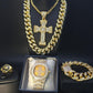 Luxury Men Gold Color Watch & Necklace & Braclete & Ring Combo Set Ice Out Cuban In Crystal Necklace Chain Hip Hop For Men