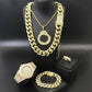 Luxury Men Gold Color Watch & Necklace & Braclete & Ring Combo Set Ice Out Cuban Watch Hip Hop Necklace
