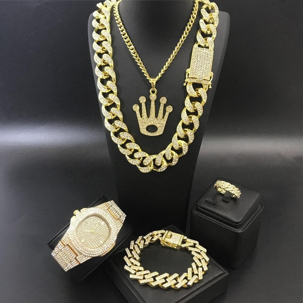 Luxury Men Gold Color Watch & Necklace & Braclete & Ring Combo Set Ice Out Cuban Watch Hip Hop Necklace