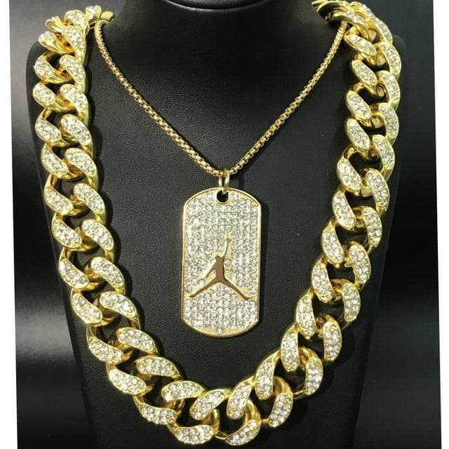 Luxury Men Gold Pendant & Bracelet  Combo Set Ice Out Cuban Pendant Hip Hop For Men