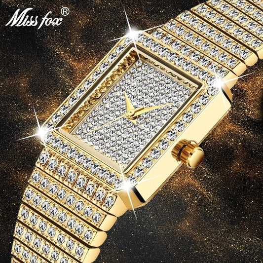 MISSFOX Diamond Watch For Women Luxury Brand Ladies Gold Square Watch Minimalist Analog Quartz Movt Unique Female Iced Out Watch