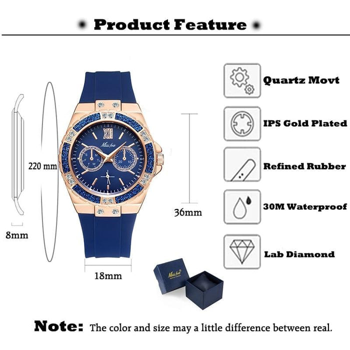 MISSFOX Women's Watches Chronograph Rose Gold Sport Watch Ladies Diamond Blue Rubber Band Xfcs Analog Female Quartz Wristwatch