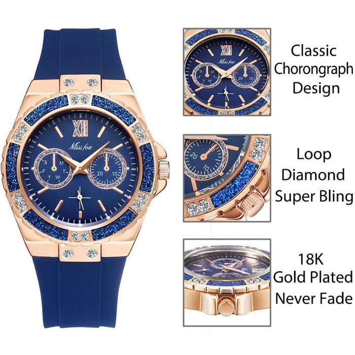 MISSFOX Women's Watches Chronograph Rose Gold Sport Watch Ladies Diamond Blue Rubber Band Xfcs Analog Female Quartz Wristwatch