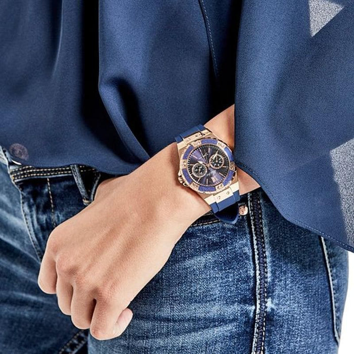 MISSFOX Women's Watches Chronograph Rose Gold Sport Watch Ladies Diamond Blue Rubber Band Xfcs Analog Female Quartz Wristwatch