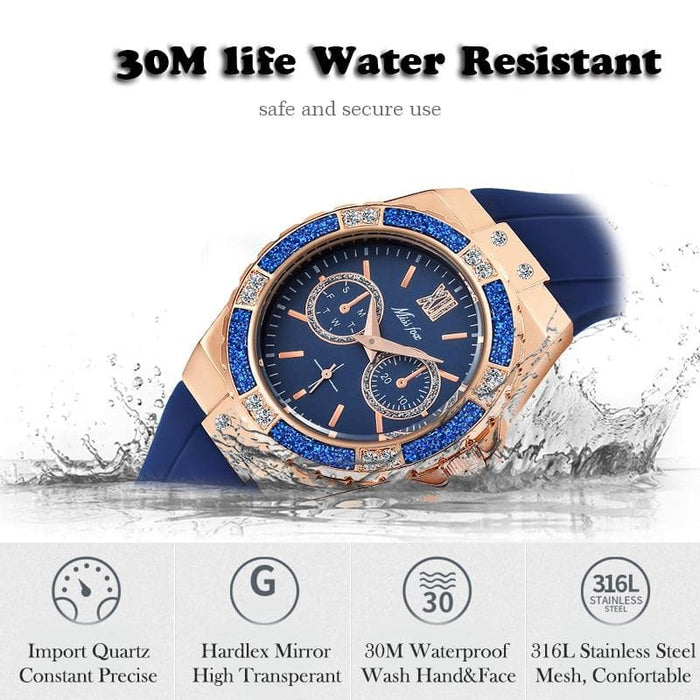 MISSFOX Women's Watches Chronograph Rose Gold Sport Watch Ladies Diamond Blue Rubber Band Xfcs Analog Female Quartz Wristwatch