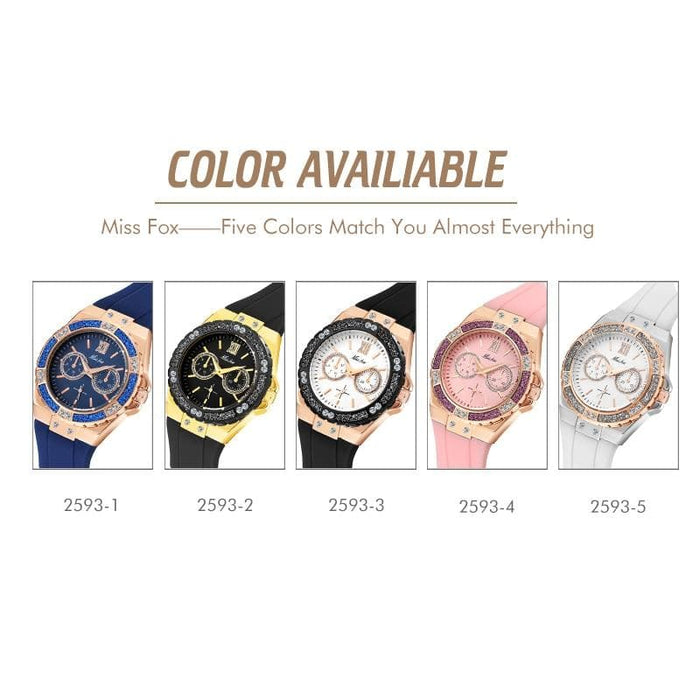 MISSFOX Women's Watches Chronograph Rose Gold Sport Watch Ladies Diamond Blue Rubber Band Xfcs Analog Female Quartz Wristwatch