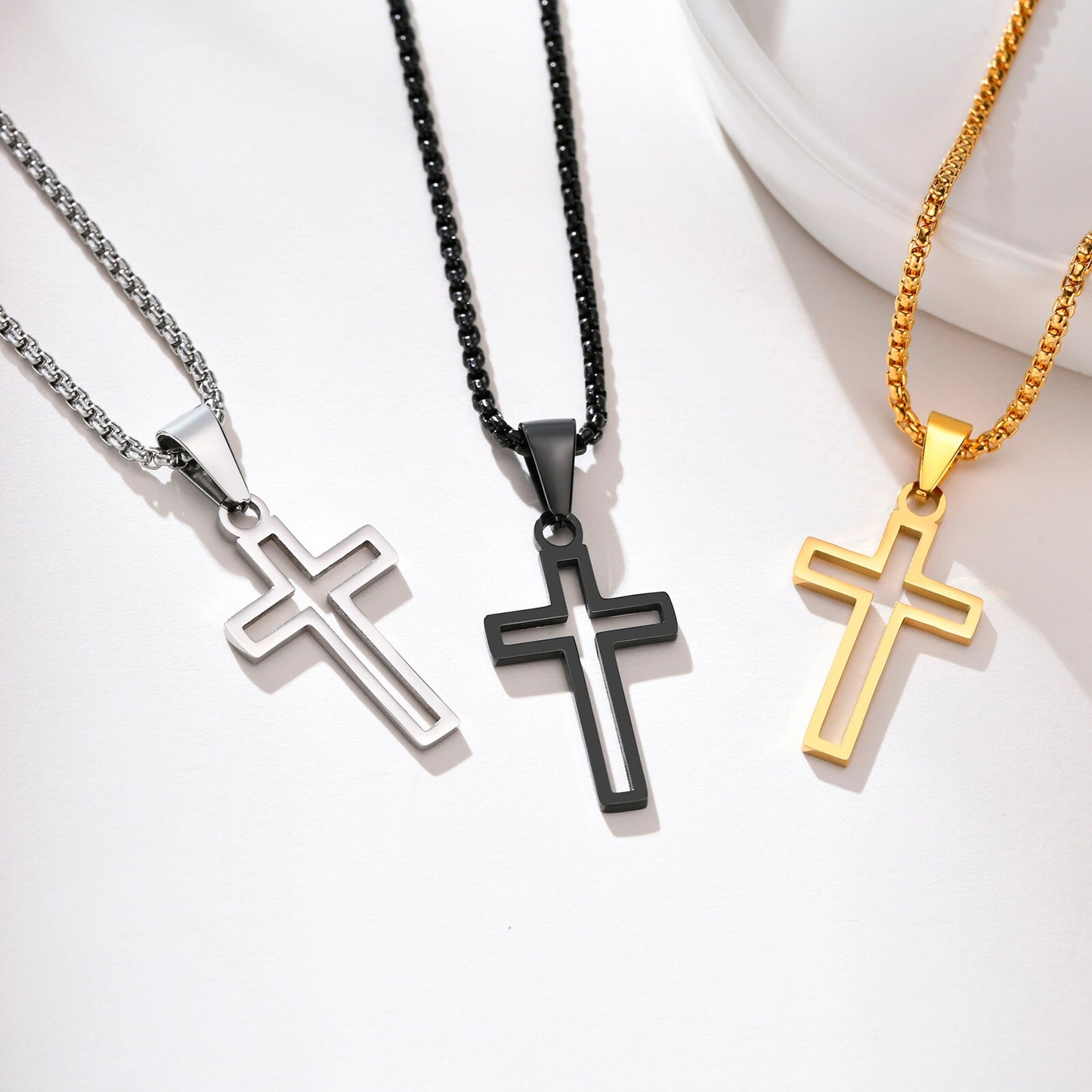 Men Cross Necklace,Outlined Cross Mens Pendant,Stainless Steel Hollow Crucifix Outline