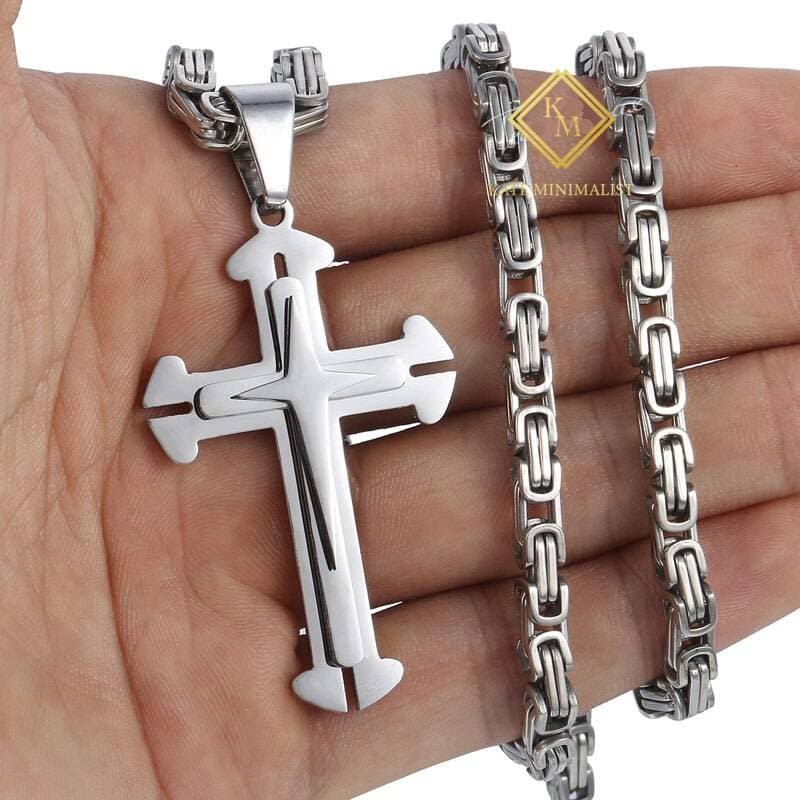Men's Cross Necklace Gold Black Cross Pendant Stainless Steel Byzantine Chain Necklace Hip Hop Male Jewelry