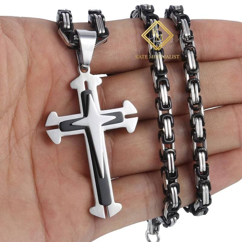 Men's Cross Necklace Gold Black Cross Pendant Stainless Steel Byzantine Chain Necklace Hip Hop Male Jewelry