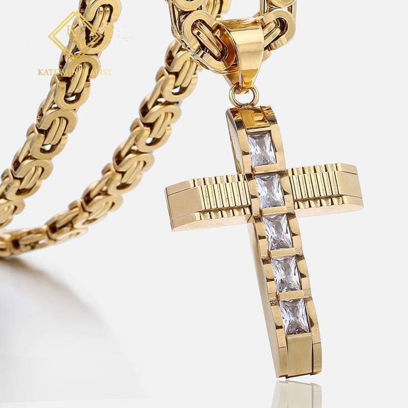 Men's Cross Necklace Gold Black Stainless Steel Byzantine Chain Necklace Male Jewelry Gifts for Men