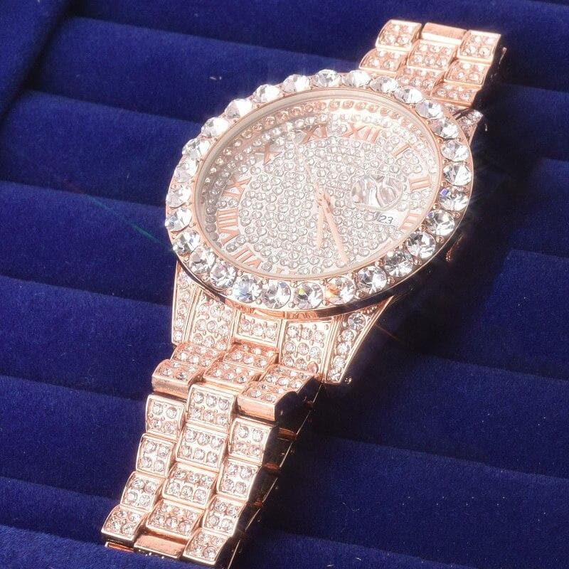 Men's watch Gold Color Big Dial Military Quartz Clock Luxury Big Rhinestone Business Waterproof wrist watches Relogio Masculino