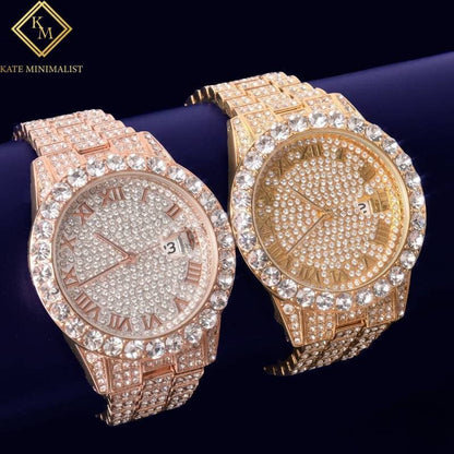 Men's watch Gold Color Big Dial Military Quartz Clock Luxury Big Rhinestone Business Waterproof wrist watches Relogio Masculino