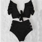 Women's Two Piece Ruffled Top High Waisted Cut Out Bottoms