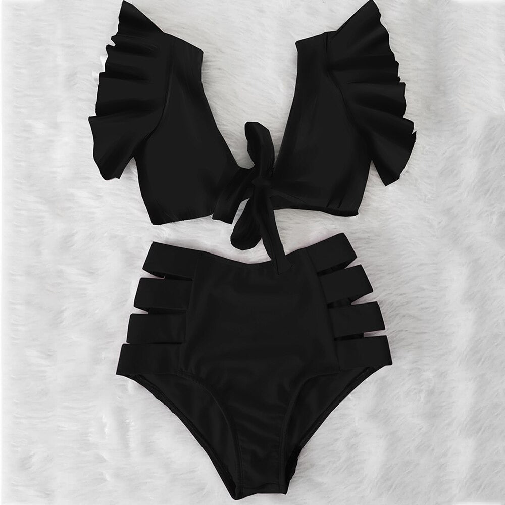 Women's Two Piece Ruffled Top High Waisted Cut Out Bottoms