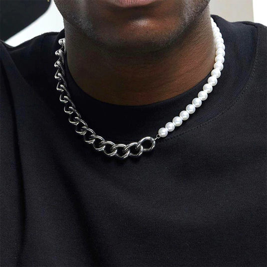 Stainless Steel Handmade Link Chain and Pearls Necklace for Men, Pearl Chain For Men
