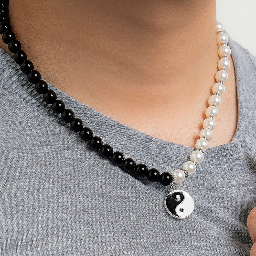 Punk Black White Freshwater Pearl Choker Necklace for Men, Pearl Necklace For Men