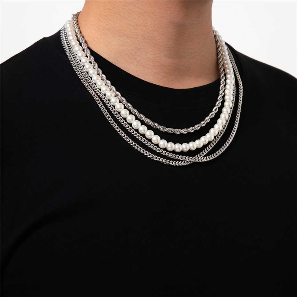 Hip Hop Twisted Multilayer Silver Color Choker Pearl Necklace For Men, Pearl Chain For  Men