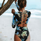 Full Body Swimsuit for Women One Piece With Sleeves Retro Vintage Long Swimming Suit
