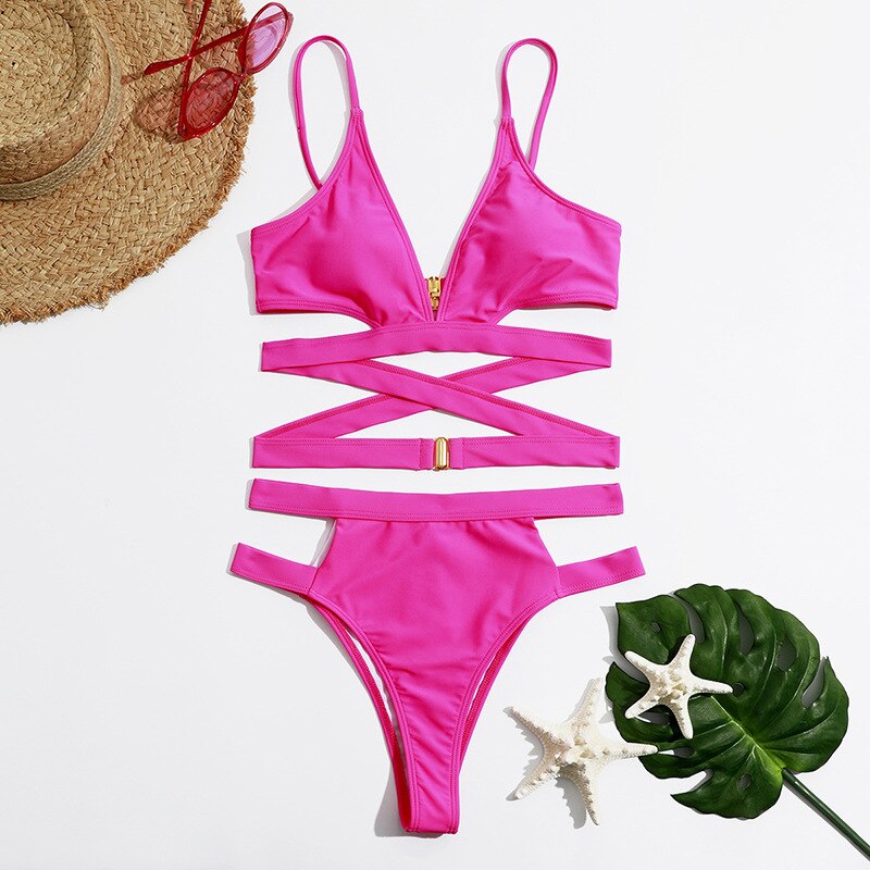 High Cut Bikini Bottoms Women's Bathing Suits Buckle Up Swimsuit V-Neck Swimsuit for Girls Swimming Outfit